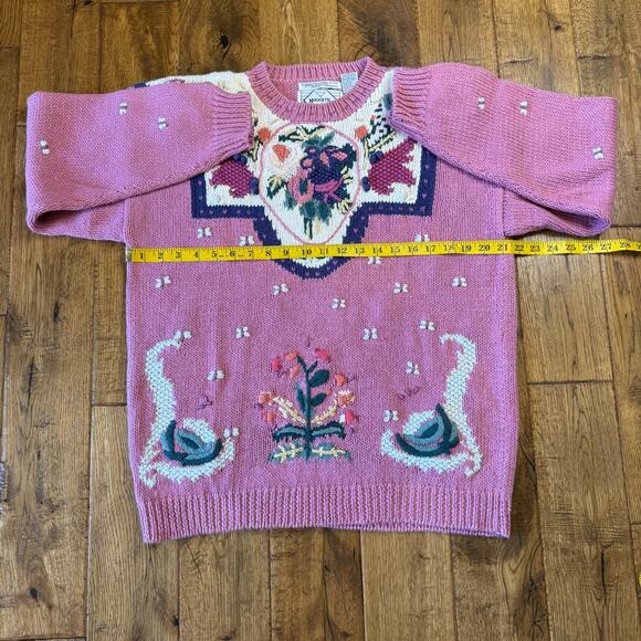 VTG Nuggets Hand Knit Sweater Floral Butterfly Crewneck Grandma Cottagecore Sz L - Picture 4 of 6